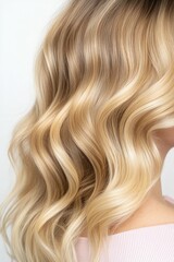 Naklejka premium Light Wavy Hair Extensions on Model with Honey-Blond Ombre Hair, Glamorous and Stylish Look