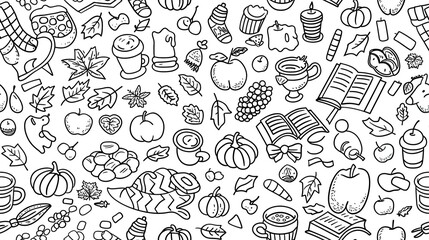 Set of cute doodle icons for autumn, cozy and hygge elements like a scarf, a tea cup