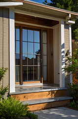 Modern House Exterior: Contemporary Home Design with Wooden Porch and Grey Steps. The stunning front entrance features a large glass door and windows, showcasing elegant architectural details.