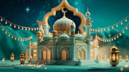 Obraz premium A Stunning 3D Rendered Mosque at Night, Perfect for Ramadan