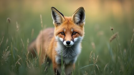 A Fox Stands Alert in Lush Wild Grass, Its Expressive Eyes Keenly Observing the Surroundings