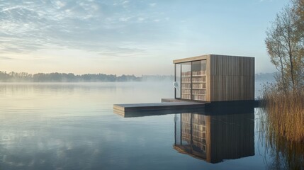 Fototapeta premium Lakeside Wooden Library Structure Calm Water Reflection