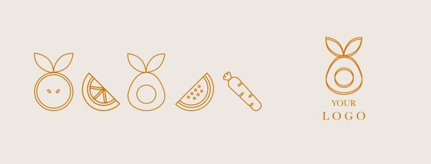 Hand drawn illustration. Organic fruit, vegetable, fish, seafood, apple, carrot, avocado, watermelon. Abstract geometric line background. Gold luxury  Healthy Food pattern