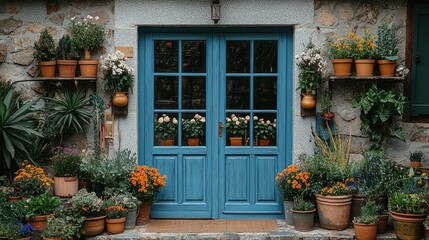 Charming Cottage Entrance with Vibrant Flower Pots