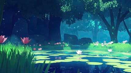 Serene Forest Pond With Pink And White Water Lilies