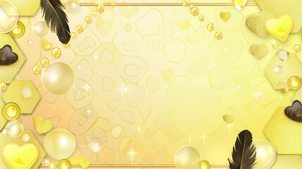 Neon yellow hexagon pattern, gradient from pale yellow to gold, gold pearls, yellow glitter, bubbles, a gold frame, yellow hearts, black feathers, with lemon chocolate hearts