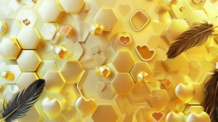 Neon yellow hexagon patterns, gradient from pale yellow to gold, gold pearls, yellow hearts, and black feathers