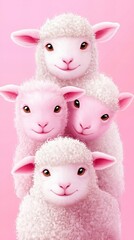 Adorable fluffy lambs stacked on top of each other against a pink background.  Sweet and charming.