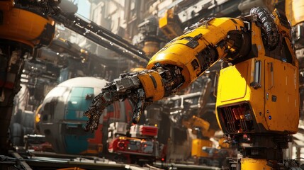 A Yellow Robotic Arm in a Futuristic City Setting