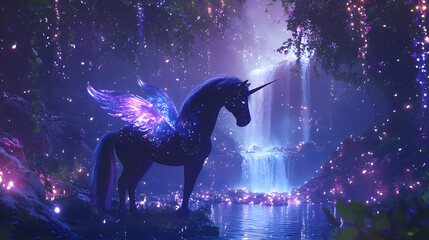 A magical unicorn with iridescent wings standing in an enchanted glade, surrounded by glowing fairy lights and a mystical waterfall. Iridescent Glow. Illustration