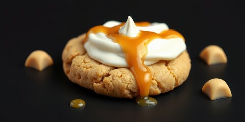 Dessert showcases a delicious cookie topped with cream and caramel drizzle