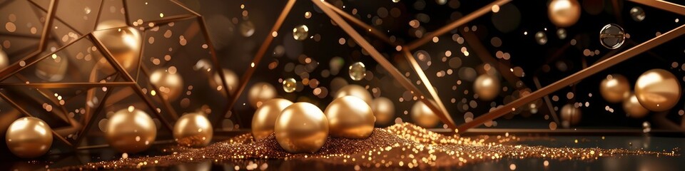 Pale bronze setting, gold pearls gathered at the center, bronze glitter, flying bubbles, and a luxurious bronze geometric frame for a sophisticated desktop wallpaper