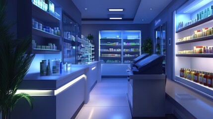Obraz premium Modern Pharmacy Interior Nighttime Product Display