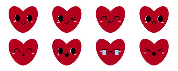 Cute red heart emoji set with various expressions: happy, sad, winking, crying, and more. Adorable cartoon heart characters for love, romance, or Valentine's Day themes. Vector illustration.