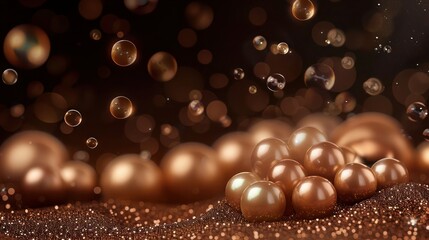Pale bronze setting, pearl bronze pearls gathered at the center, surrounded by subtle bronze glitter, with flying bubbles for a sophisticated desktop wallpaper