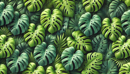 Fototapeta premium Green monstera leaves. Flat lay, dark nature concept, tropical leaf. Design. Cover. Wallpaper. 