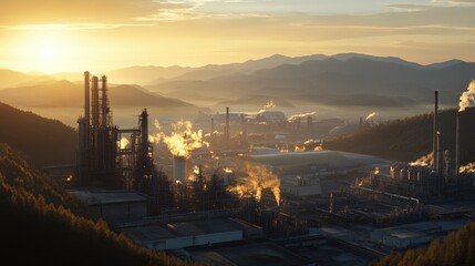 Naklejka premium Industrial Refinery Sunset Mountain Landscape