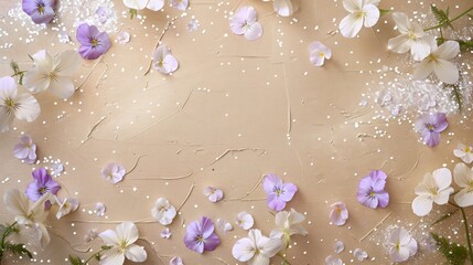Pale gold vertical backdrop adorned with white violets and subtle silver glitter, ideal for a baby girl announcement