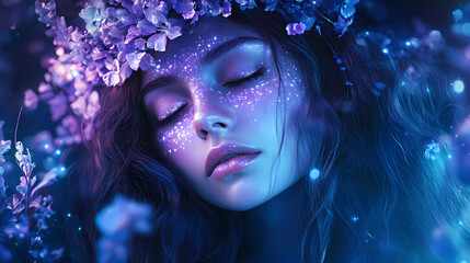 Naklejka premium An iridescent mist of blue and purple hues fills the air with an shimmering, luminous quality, iridescent, ethereal, glowing. Iridescent Glow. Illustration