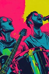 Vibrant illustration of two musicians passionately performing, one on guitar, the other singing, set against a bold, colorful background.