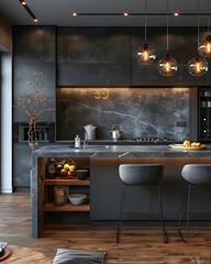 Luxury Dark Kitchen Interior: Modern Minimalist Design with Marble and Glass Elements