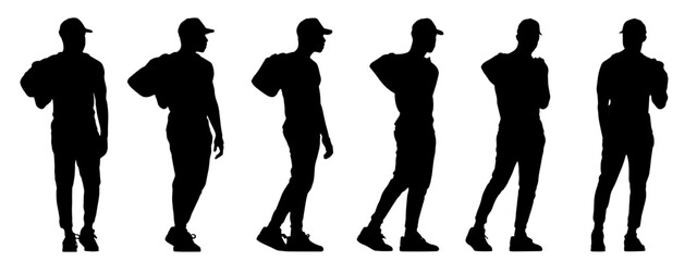 Vector concept conceptual black silhouette of a young man carrying a duffel bag from different perspectives isolated on white background. A metaphor for sport, fitness, travel and active lifestyle