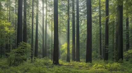 Obraz premium Sunlit Green Forest Misty Morning Sunlight Beams Through Tall Trees