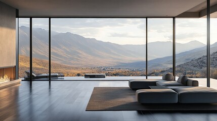 Fototapeta premium Modern Minimalist Living Room with Scenic Mountain View