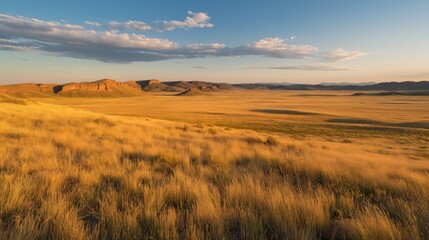 Fototapeta premium Golden Grasslands Sunset Landscape with Distant Mesas