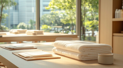 White towels stacked neatly in the cafe. Sunlight shining through the window, branch shadows.