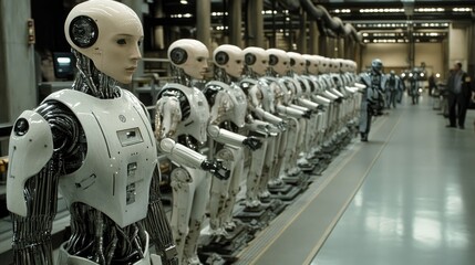 A row of humanoid robots stands in a factory setting