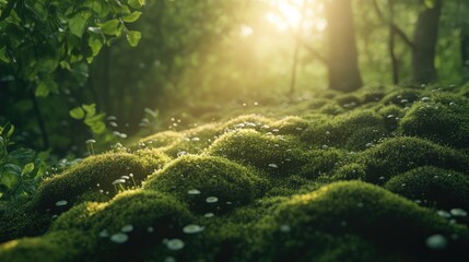 Fototapeta premium Sunlit Mossy Forest Floor With Small Fungi