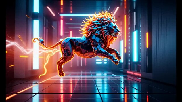Abstract futuristic communication neon low poly motion background with a lion jumping 
