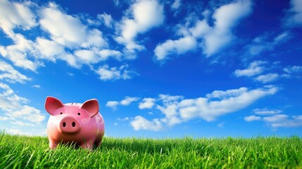 Pink piggy bank sits in grassy field under blue sky