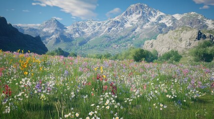 Vibrant Wildflower Meadow Against Majestic Snow Capped Mountains