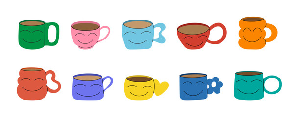 Smiling ceramic coffee cups illustration with cheerful faces. Set of cute mugs for fun kitchen decor or coffee-themed designs. Perfect for adding warmth and happiness to creative projects or prints.