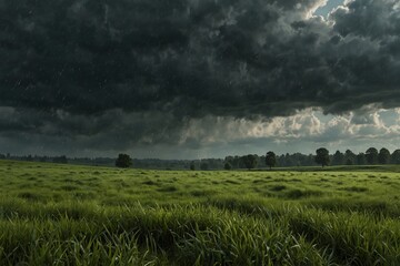 Dramatic stormy sky over a lush green field with dark clouds and rain
