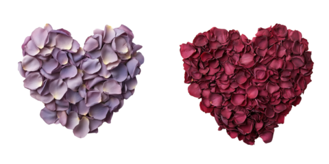 Set of Beautiful Purple and Red Heart Shapes Made of Flower Petals Isolated on a Transparent Background