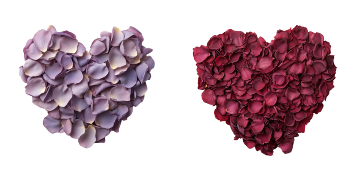 Set of Beautiful Purple and Red Heart Shapes Made of Flower Petals Isolated on a Transparent Background