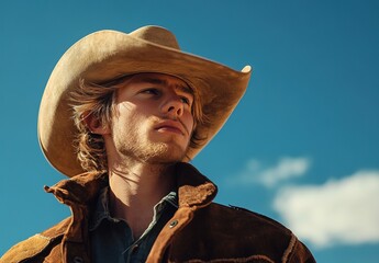 Fototapeta premium Cinematic shot of a bearded cowboy with brown hair and a hat, against a blue sky background