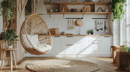 Cozy and Bright Kitchen with Hanging Chair and Natural Decor