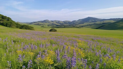 Vibrant Wildflower Meadow In Lush Green Valley Under Blue Sky