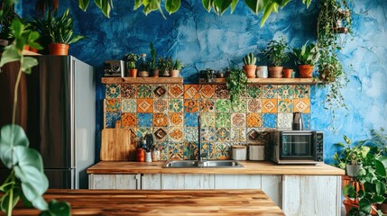 Fototapeta premium Cozy Kitchen with Colorful Tiles and Lush Greenery in Bright Space