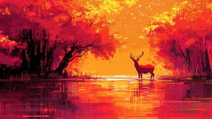 Fiery Autumn: A Stag's Serene Reflection