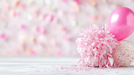Pink party decorations on table; confetti background