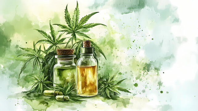 Harmony with nature watercolor illustration, medical hemp plant cbd or cbg oil for meditation and mindfulness practice. Watercolor Harmony. Illustration