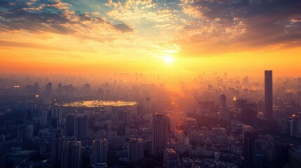 Fototapeta premium Sunset over a City Skyline with Buildings and Urban Landscape