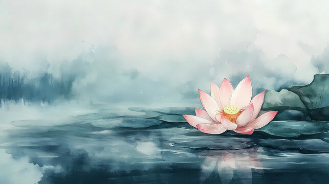 Serene lotus blossom: a delicate pink lotus flower in full bloom, gracefully floating on tranquil water, captured in a serene watercolor painting. Watercolor Harmony. Illustration