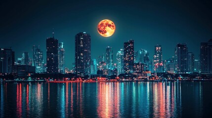 Fototapeta premium Stunning Night Cityscape with Full Moon Over Reflected Skyline