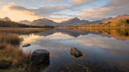 Fototapeta premium Serene Autumn Lake Sunrise Mountain Reflection Landscape